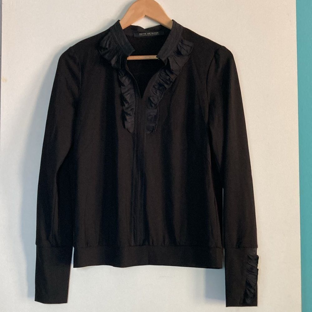 Beate Haymann Street Couture Womens Us Size 6 Black Long Sleeve Blouse W/ Ruffle